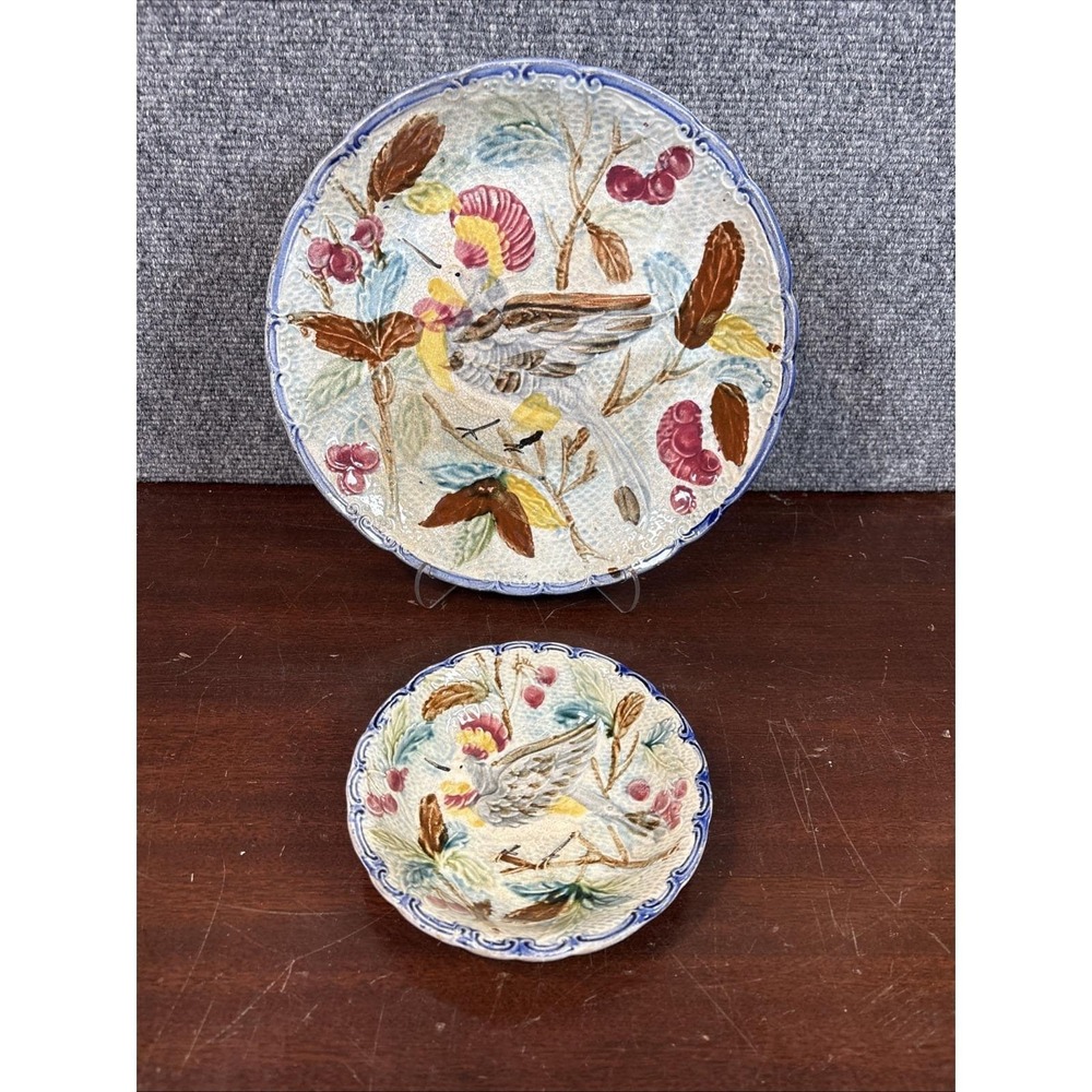 Antique Majolica Plate and Bowl Set~Bird of Paradise Hoopee~Bird Cherry Tree